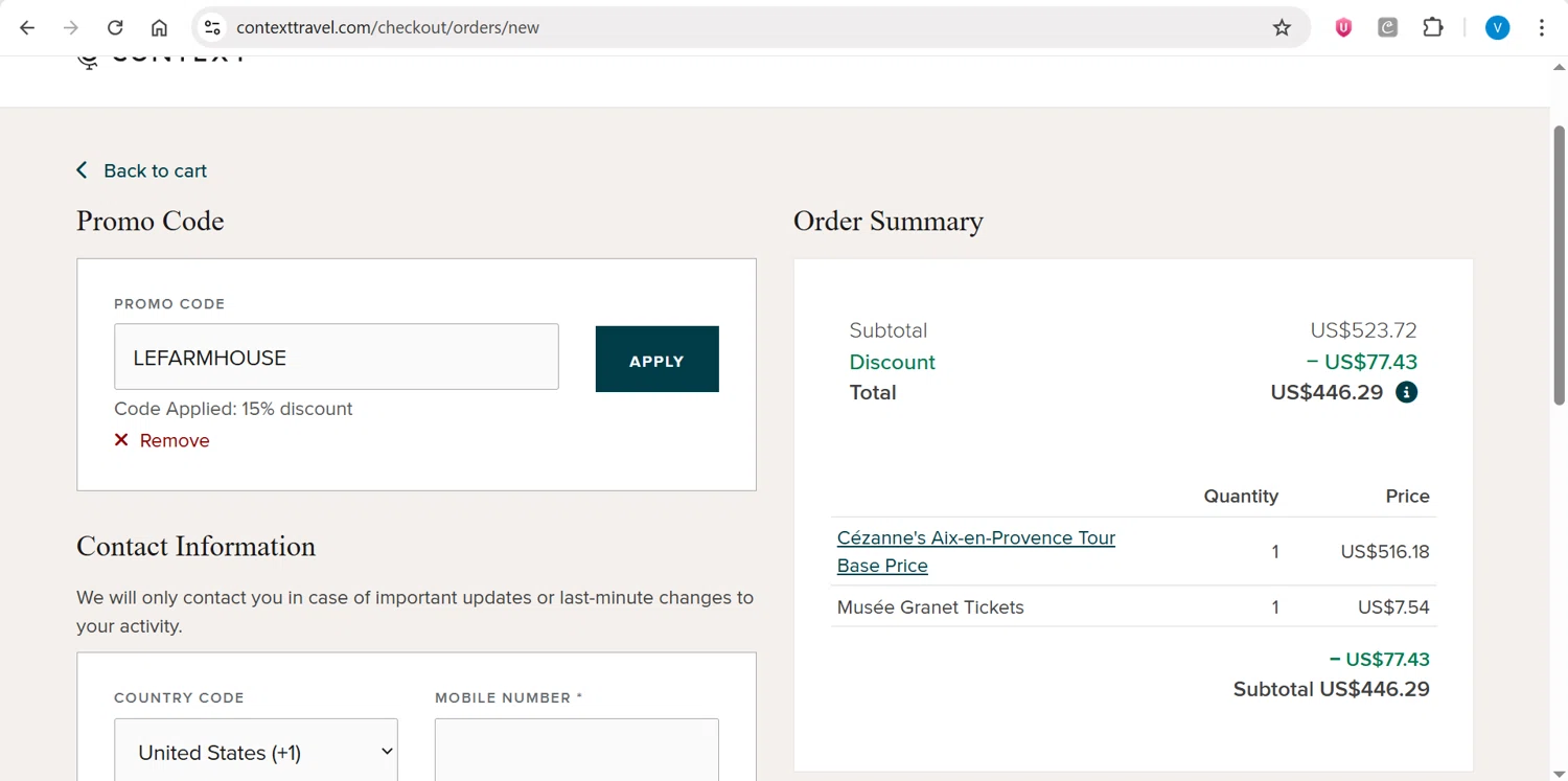 Context Travel promo code screenshot showing code LEFARMHOUSE applied at Context Travel checkout page. Uploaded by SimplyCodes community member CleverPilot4885 on Nov 30, 2025