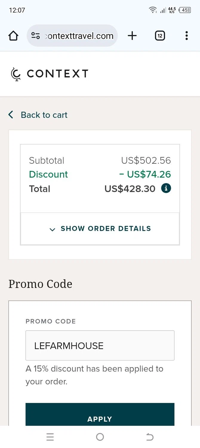 Context Travel promo code screenshot showing code LEFARMHOUSE applied at Context Travel checkout page. Uploaded by SimplyCodes community member ElToro on Oct 31, 2025