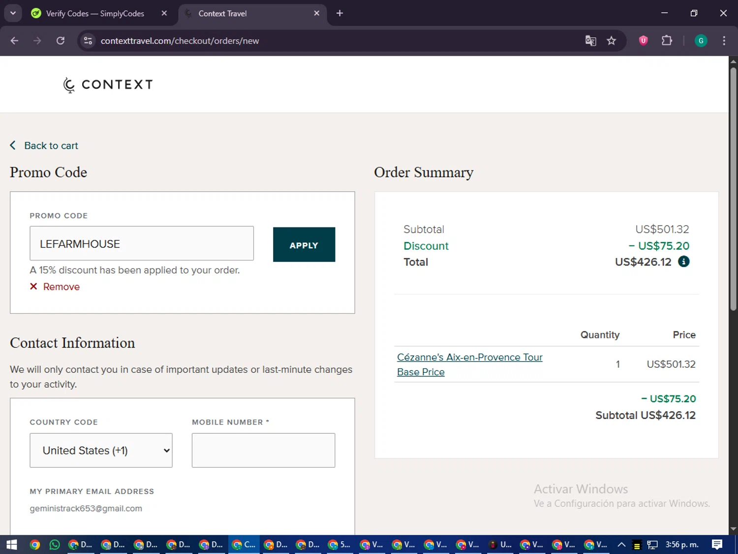 Context Travel promo code screenshot showing code LEFARMHOUSE applied at Context Travel checkout page. Uploaded by SimplyCodes community member PennyFinder5759 on Oct 2, 2025