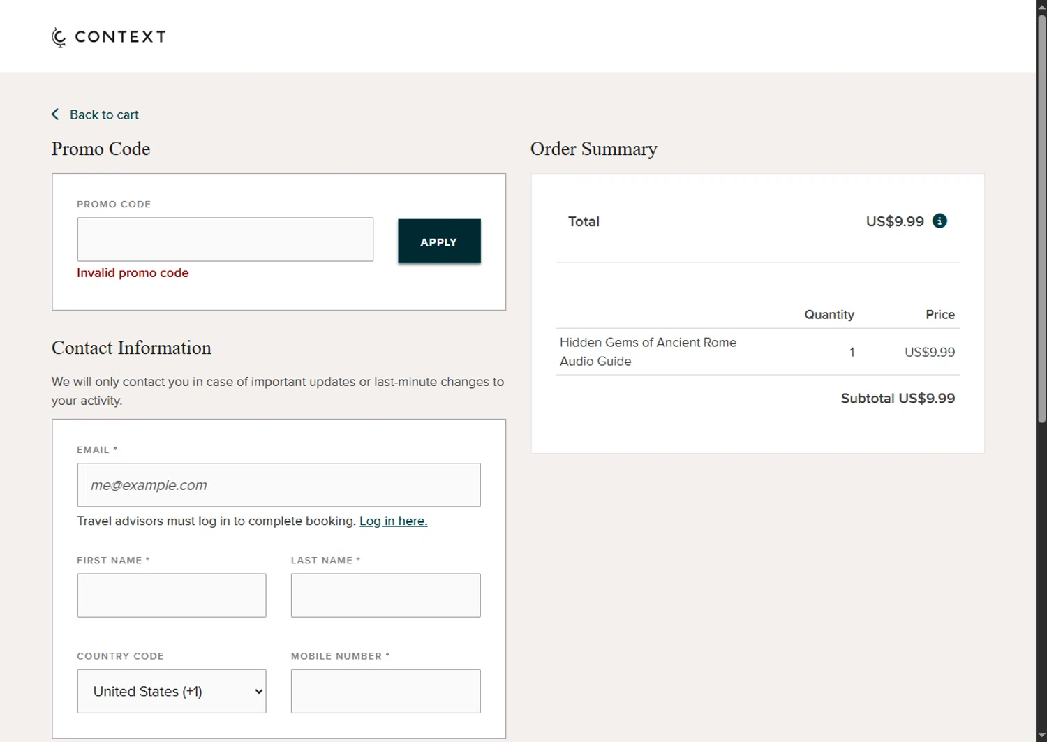 Context Travel promo code screenshot showing code CCB9FFC9 applied at Context Travel checkout page. Uploaded by SimplyCodes community member MagnificentFalcon188 on Jul 8, 2025