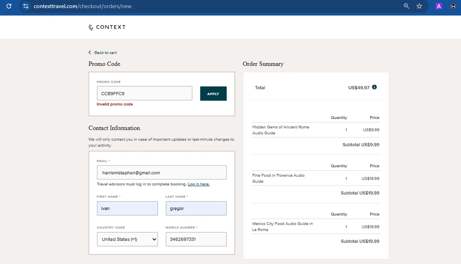 Context Travel promo code screenshot showing code CCB9FFC9 applied at Context Travel checkout page. Uploaded by SimplyCodes community member ivanguere on Jul 8, 2025