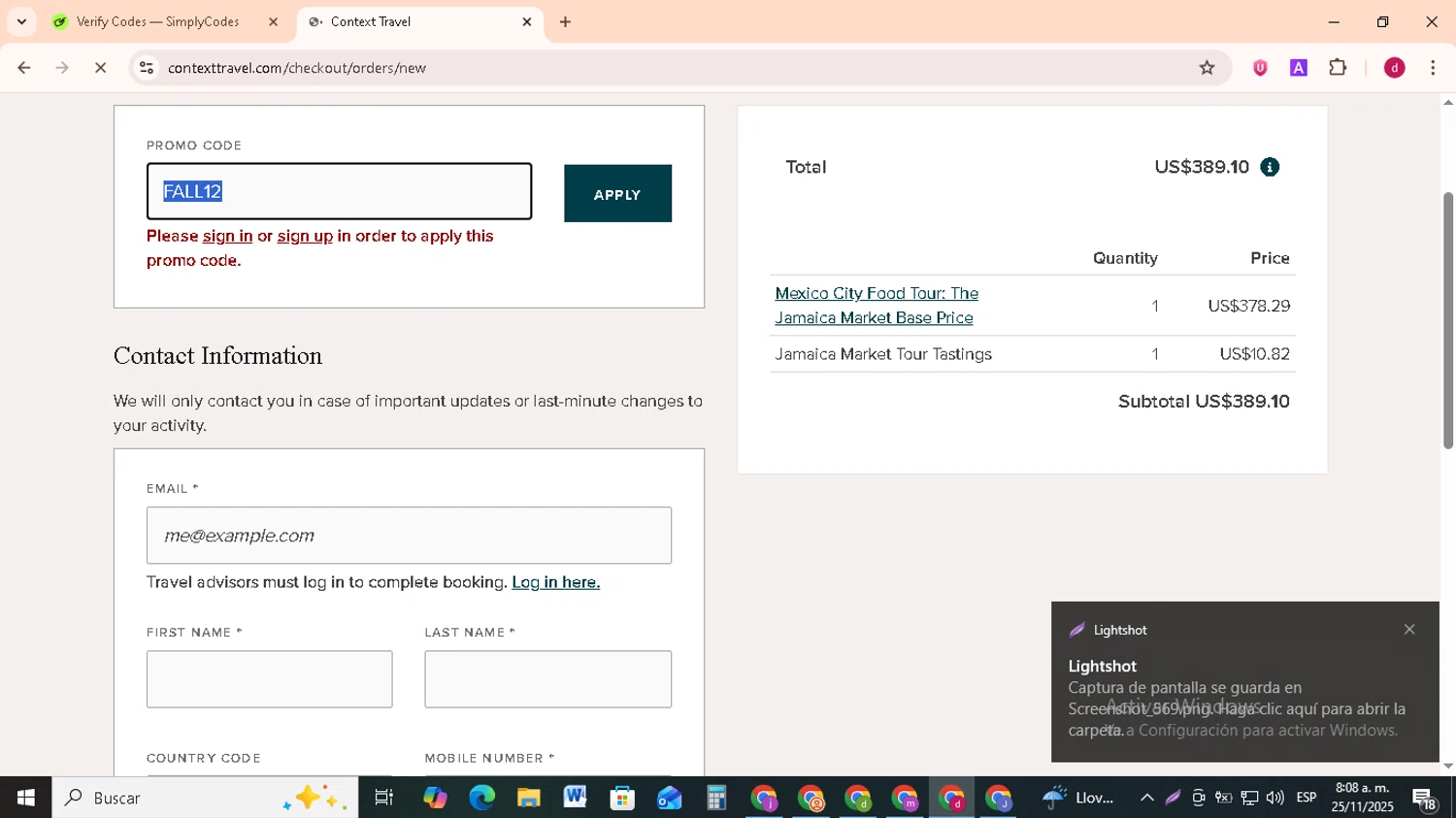 Context Travel promo code screenshot showing code FALL12 applied at Context Travel checkout page. Uploaded by SimplyCodes community member FrugalMonarch7277 on Nov 25, 2025