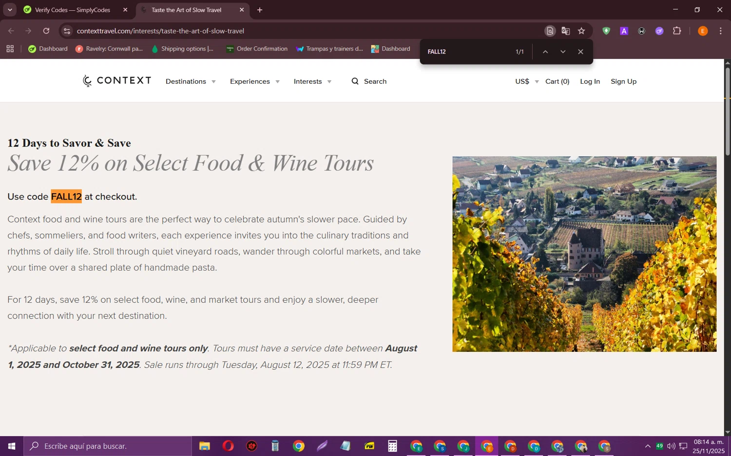 Context Travel promo code screenshot showing code FALL12 applied at Context Travel checkout page. Uploaded by SimplyCodes community member RewardFalcon3197 on Nov 25, 2025