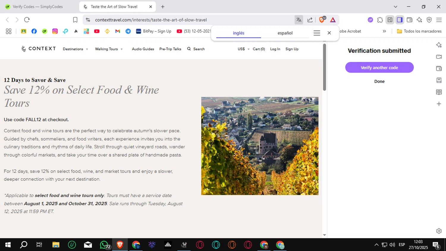 Context Travel checkout page showing Context Travel promo code box | Screenshot taken by SimplyCodes community member on Oct 27, 2025