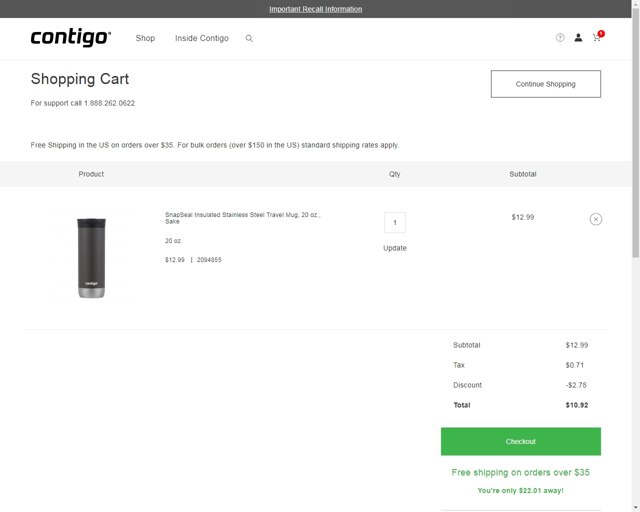 Contigo checkout page showing Contigo promo code box | Screenshot taken by SimplyCodes community member on Oct 28, 2020