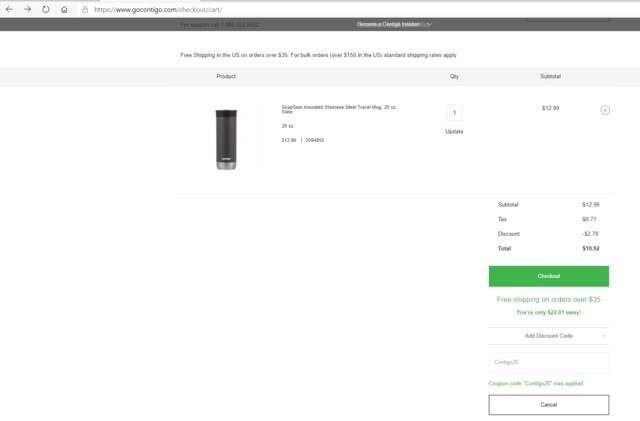 Contigo checkout page showing Contigo promo code box | Screenshot taken by SimplyCodes community member on Oct 30, 2020