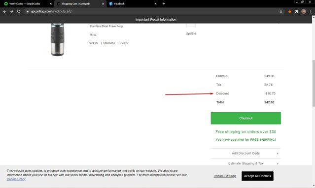 Contigo checkout page showing Contigo promo code box | Screenshot taken by SimplyCodes community member on Nov 1, 2020