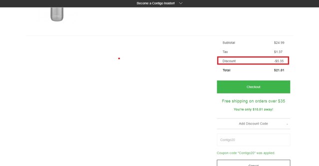 Contigo checkout page showing Contigo promo code box | Screenshot taken by SimplyCodes community member on Nov 2, 2020