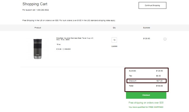 Contigo checkout page showing Contigo promo code box | Screenshot taken by SimplyCodes community member on Oct 28, 2020