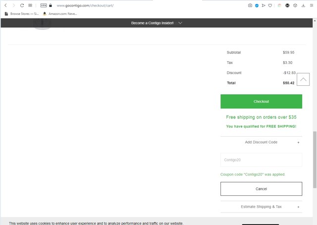 Contigo checkout page showing Contigo promo code box | Screenshot taken by SimplyCodes community member on Sep 16, 2020