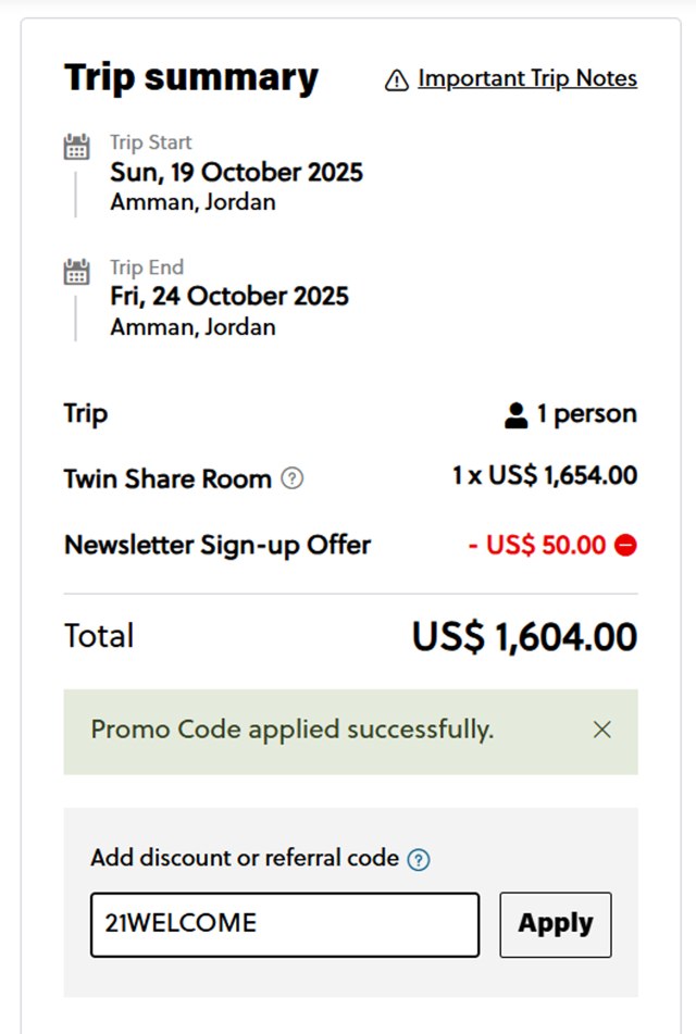Contiki checkout page showing Contiki discount code box | Screenshot taken by SimplyCodes community member on Aug 20, 2025