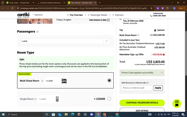 Contiki checkout page showing Contiki discount code box | Screenshot taken by SimplyCodes community member on Aug 27, 2025