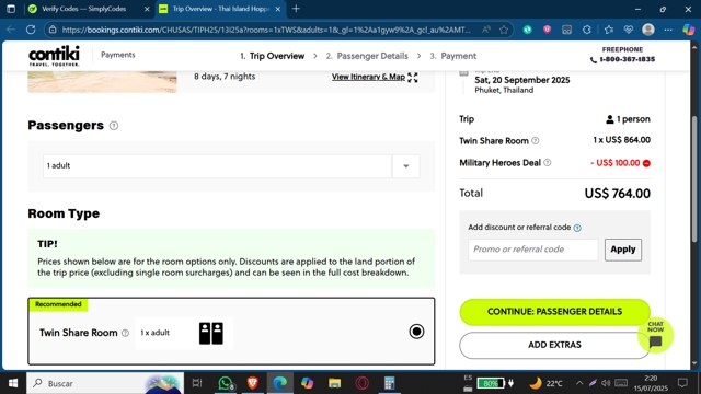 Contiki checkout page showing Contiki discount code box | Screenshot taken by SimplyCodes community member on Jul 15, 2025