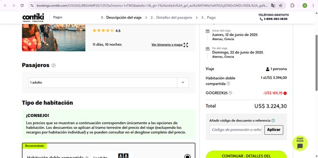 Contiki checkout page showing Contiki discount code box | Screenshot taken by SimplyCodes community member on May 22, 2025