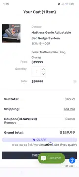 CLSAVE20 coupon verification screenshot