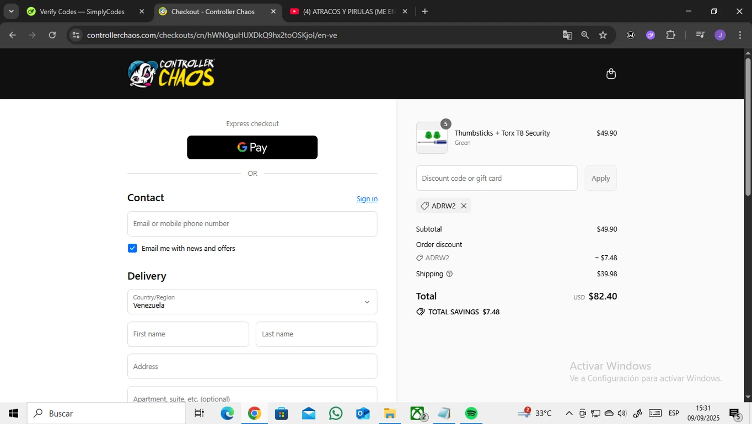 Controller Chaos promo code screenshot showing code ADRW2 applied at Controller Chaos checkout page. Uploaded by SimplyCodes community member ENCARAMESSI on Sep 9, 2025