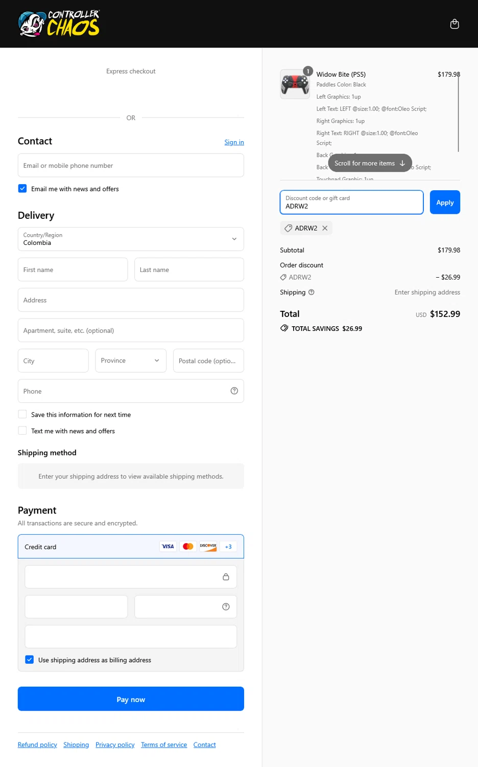 Controller Chaos promo code screenshot showing code ADRW2 applied at Controller Chaos checkout page. Uploaded by SimplyCodes community member WladimirV on Sep 9, 2025
