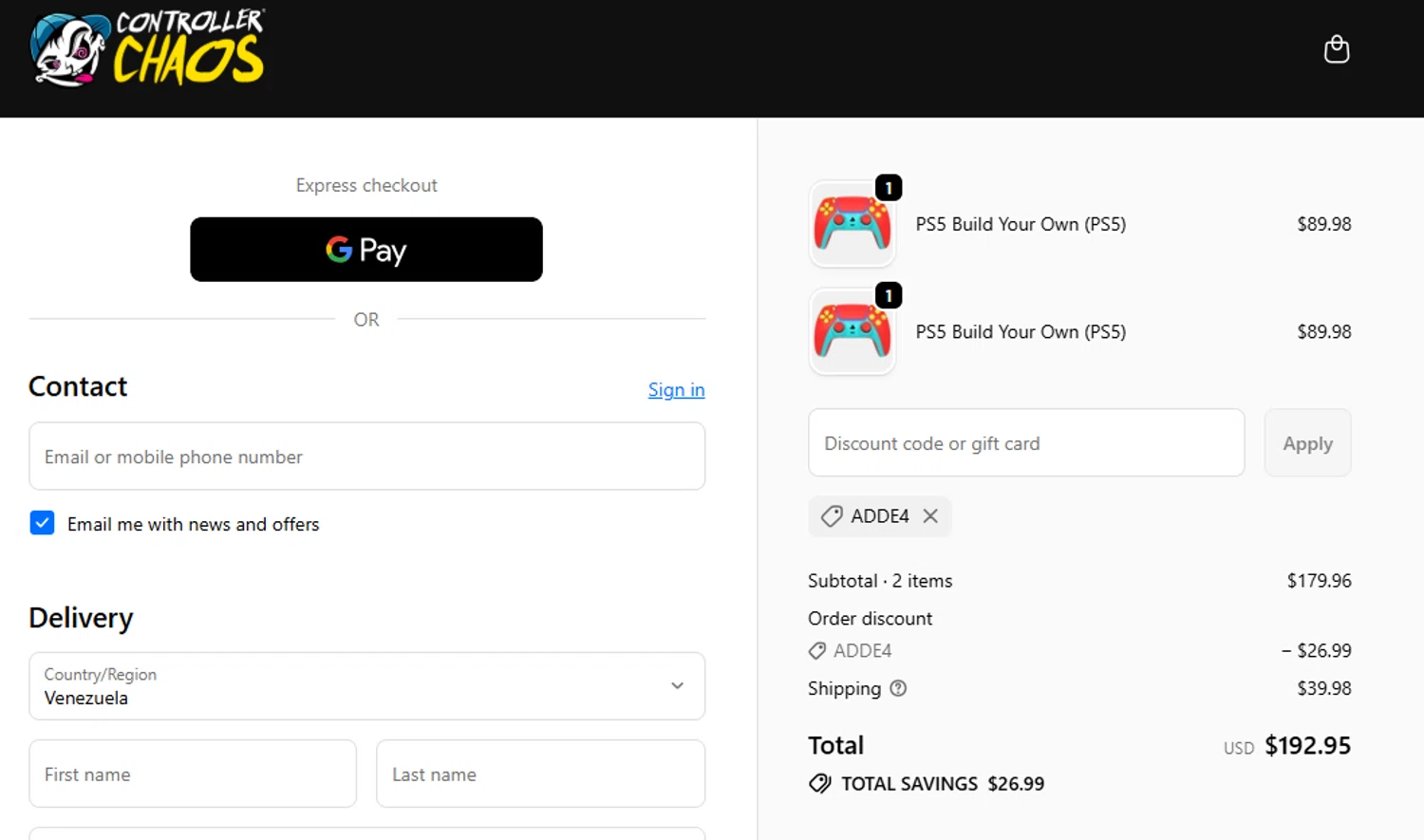 Controller Chaos promo code screenshot showing code ADDE4 applied at Controller Chaos checkout page. Uploaded by SimplyCodes community member yeresojperez on Dec 3, 2025