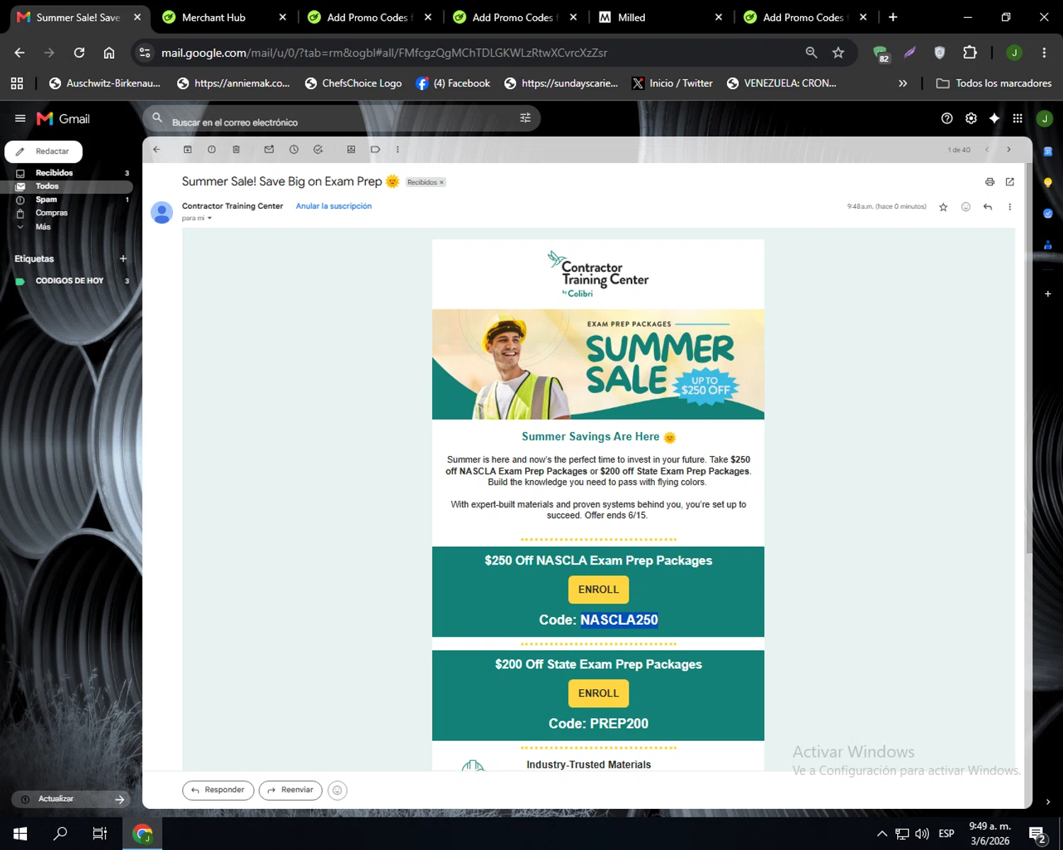 Contractor Training Center promo code screenshot showing code PREP200 applied at Contractor Training Center checkout page. Uploaded by SimplyCodes community member Codehunter on Jun 3, 2026