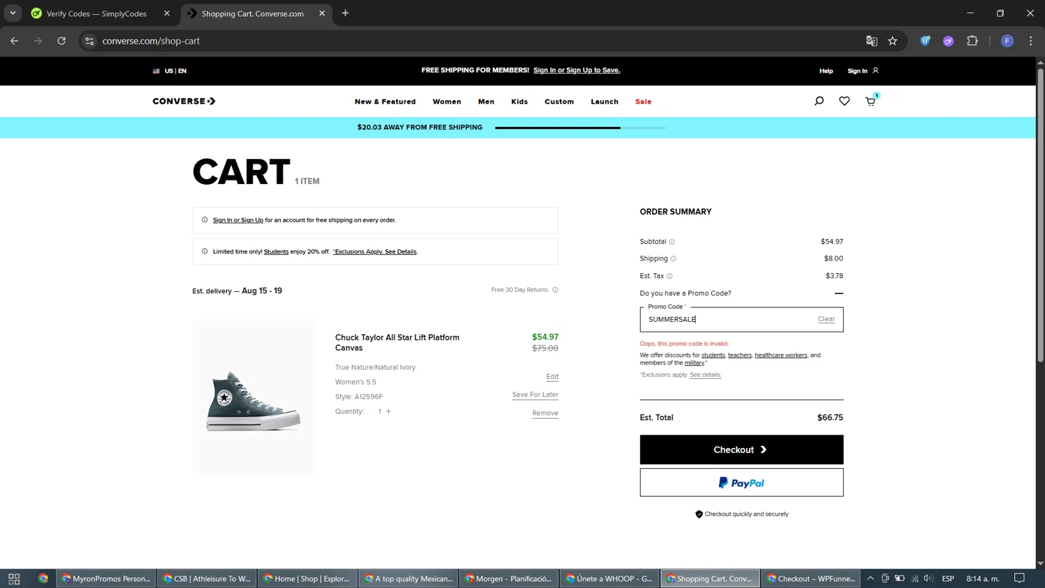 Converse promo code screenshot showing code SUMMERSALE applied at Converse checkout page. Uploaded by SimplyCodes community member ShieldLynx232 on Aug 9, 2025