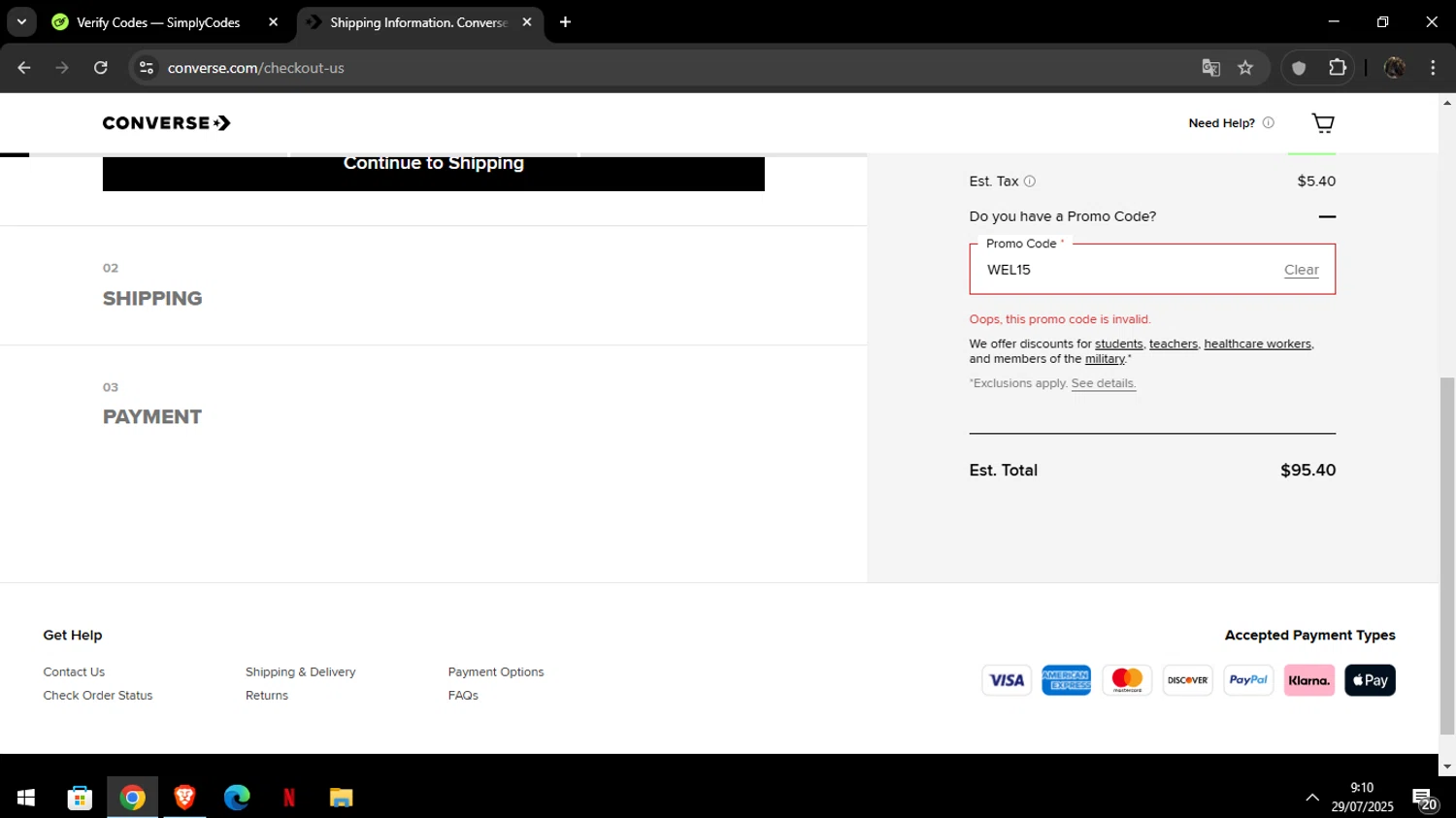 Converse promo code screenshot showing code WEL15 applied at Converse checkout page. Uploaded by SimplyCodes community member Luckystrike on Jul 29, 2025