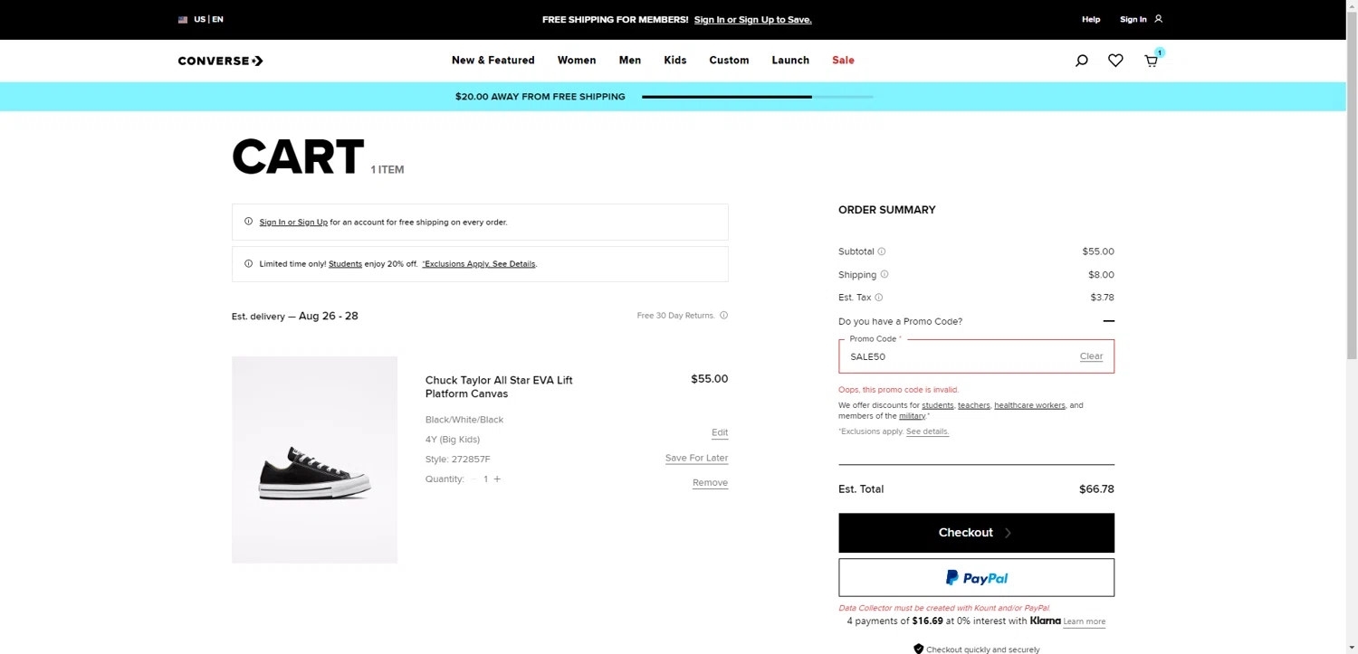 Converse promo code screenshot showing code SALE50 applied at Converse checkout page. Uploaded by SimplyCodes community member CashSentinel5495 on Aug 20, 2025