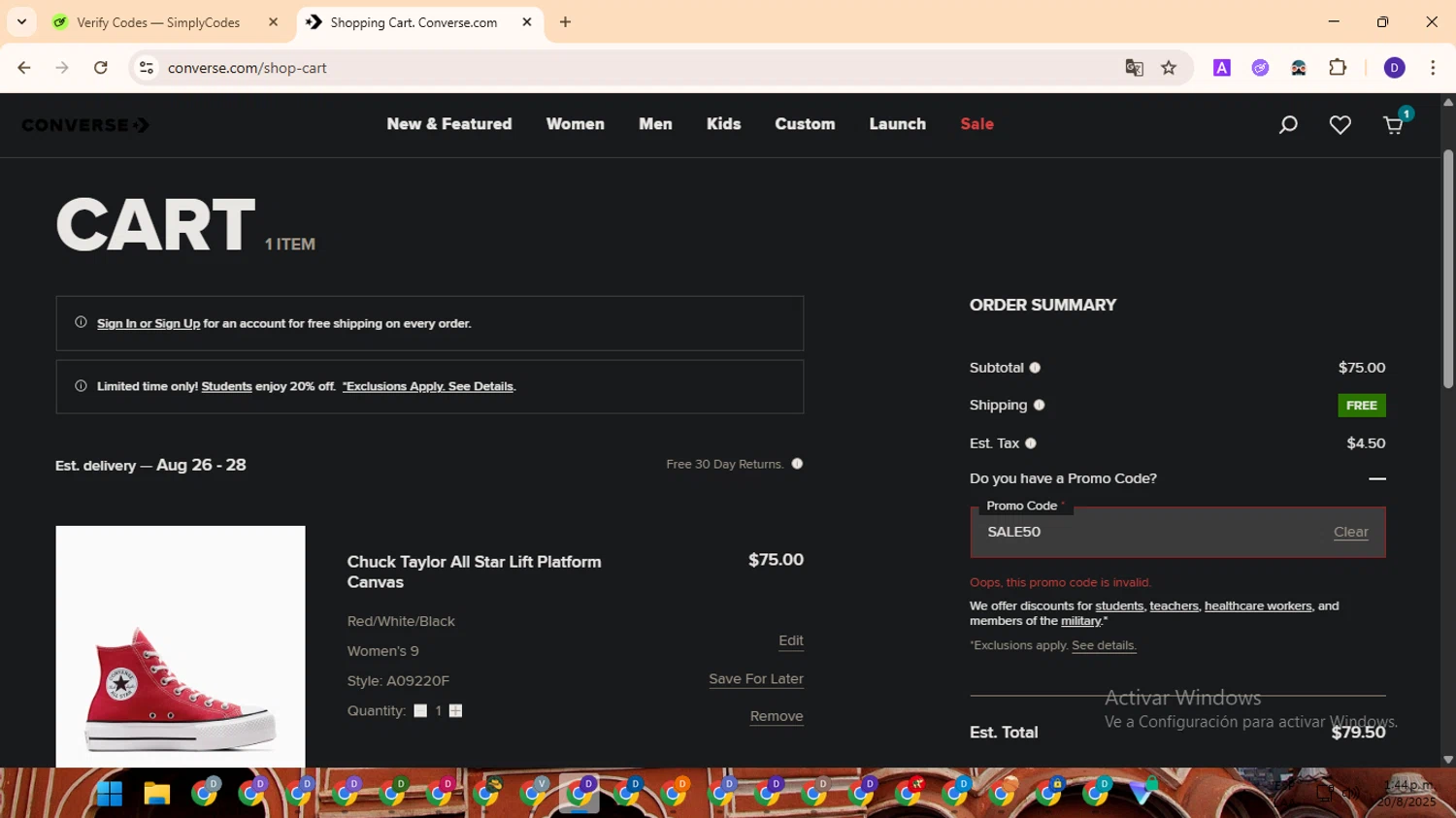 Converse promo code screenshot showing code SALE50 applied at Converse checkout page. Uploaded by SimplyCodes community member MagnificentFinder9583 on Aug 20, 2025