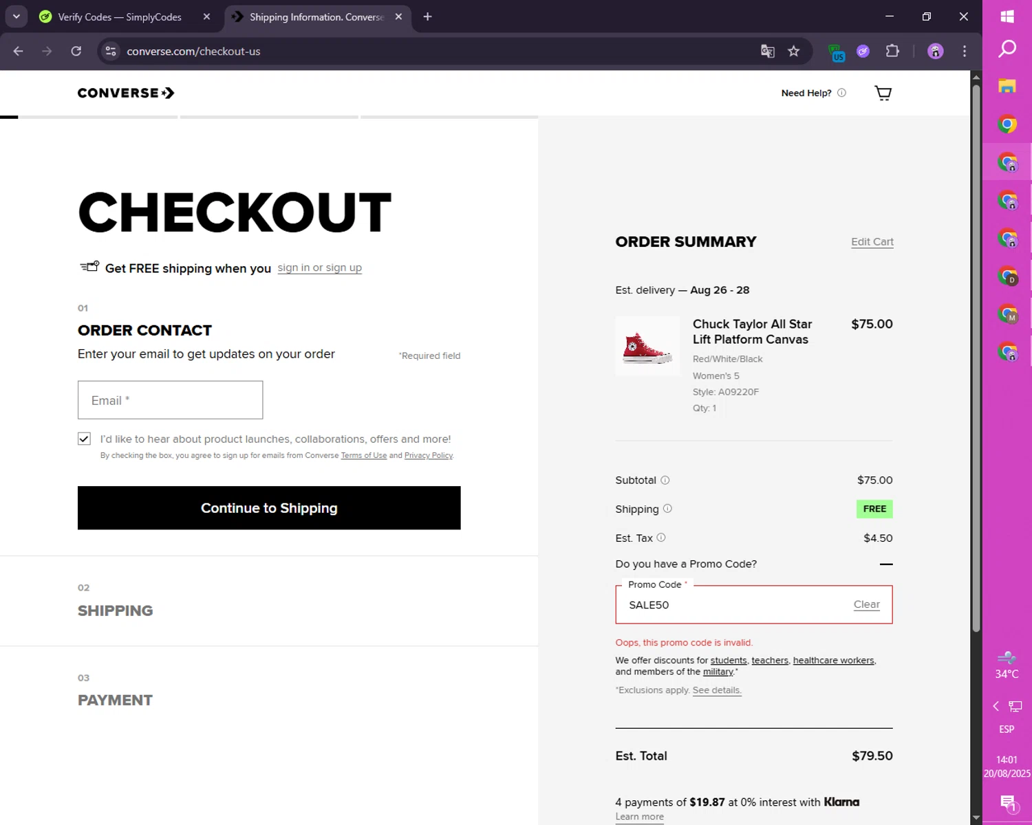 Converse promo code screenshot showing code SALE50 applied at Converse checkout page. Uploaded by SimplyCodes community member SmartLion1183 on Aug 20, 2025