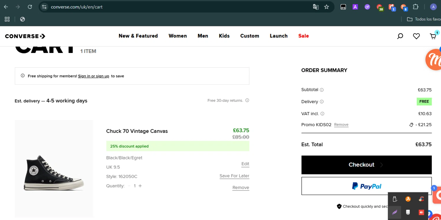 Converse promo code screenshot showing code KIDS02 applied at Converse checkout page. Uploaded by SimplyCodes community member Carolina23 on Jul 4, 2025