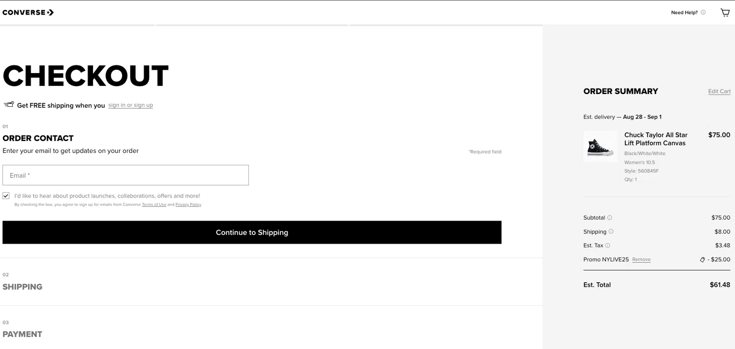 Converse promo code screenshot showing code NYLIVE25 applied at Converse checkout page. Uploaded by SimplyCodes community member ELOIN777 on Aug 22, 2025