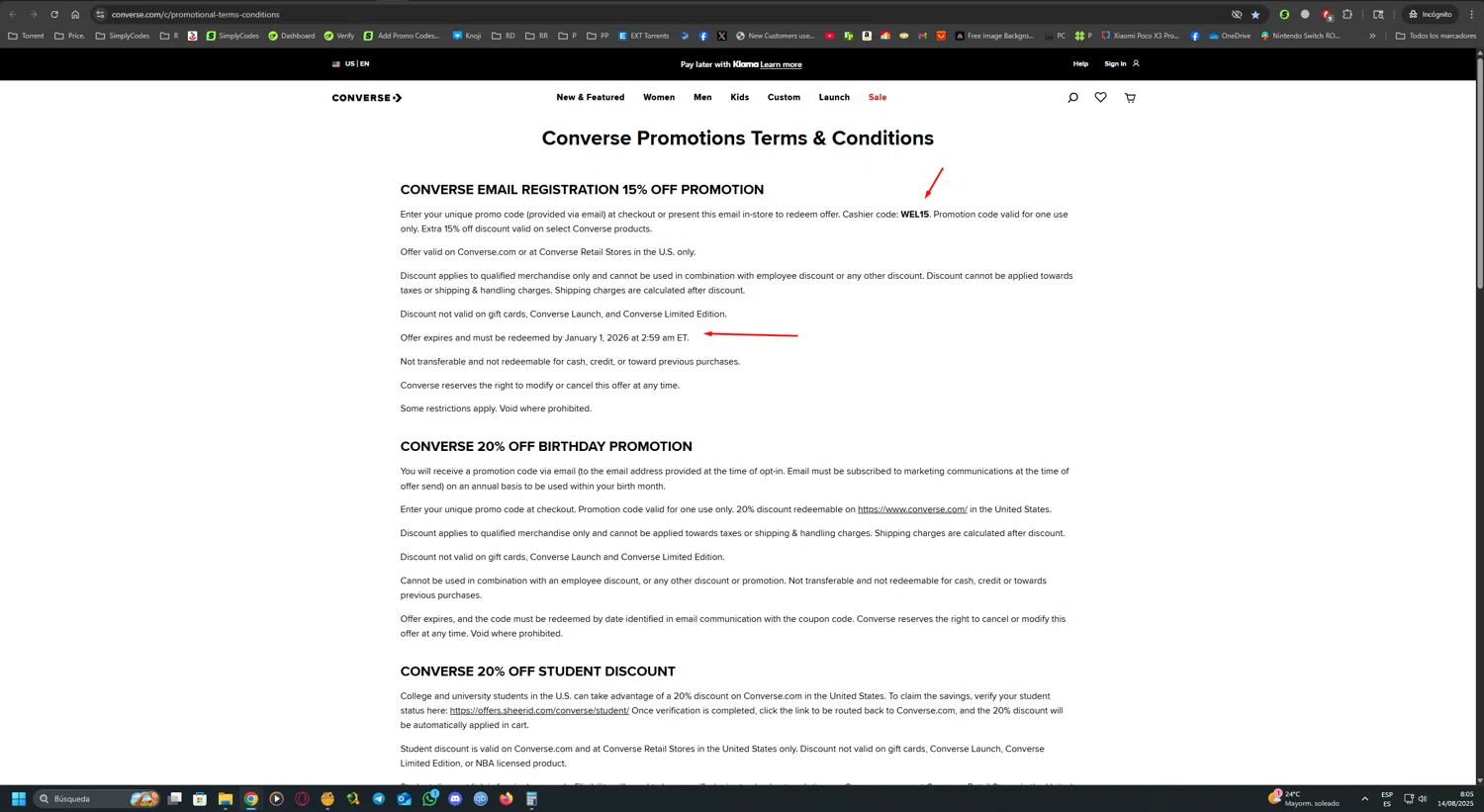 Converse promo code screenshot showing code WEL15 applied at Converse checkout page. Uploaded by SimplyCodes community member UnkNownVnzla on Aug 14, 2025