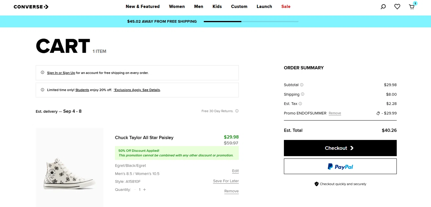 Converse promo code screenshot showing code ENDOFSUMMER applied at Converse checkout page. Uploaded by SimplyCodes community member jesspea on Aug 29, 2025