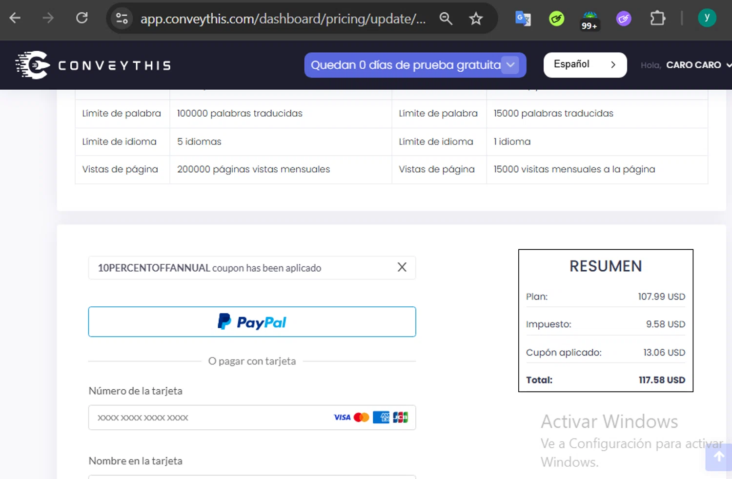 ConveyThis promo code screenshot showing code 10PERCENTOFFANNUAL applied at ConveyThis checkout page. Uploaded by SimplyCodes community member 502312 on Jun 30, 2025
