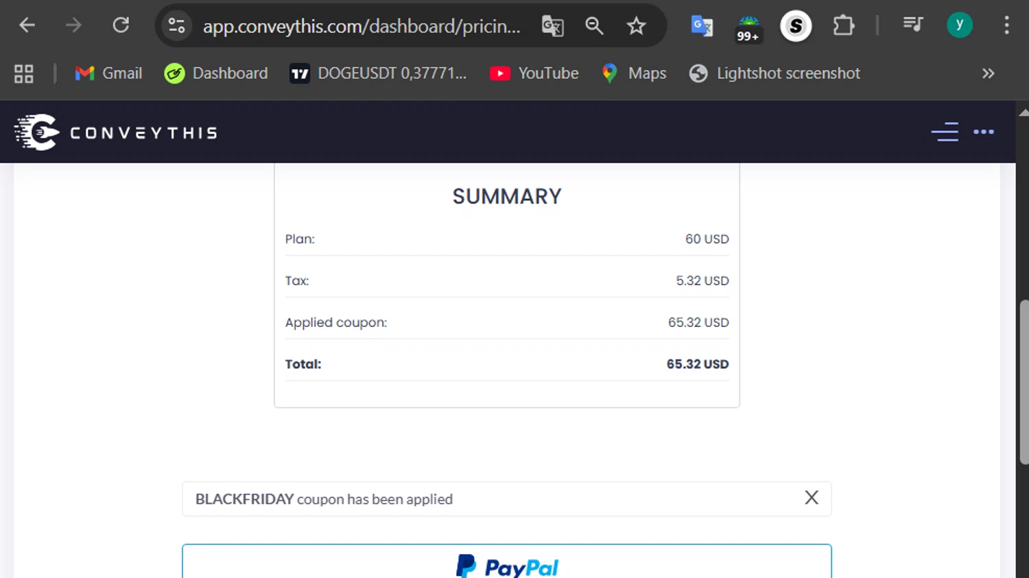 ConveyThis promo code screenshot showing code BLACKFRIDAY applied at ConveyThis checkout page. Uploaded by SimplyCodes community member 502312 on Nov 29, 2025
