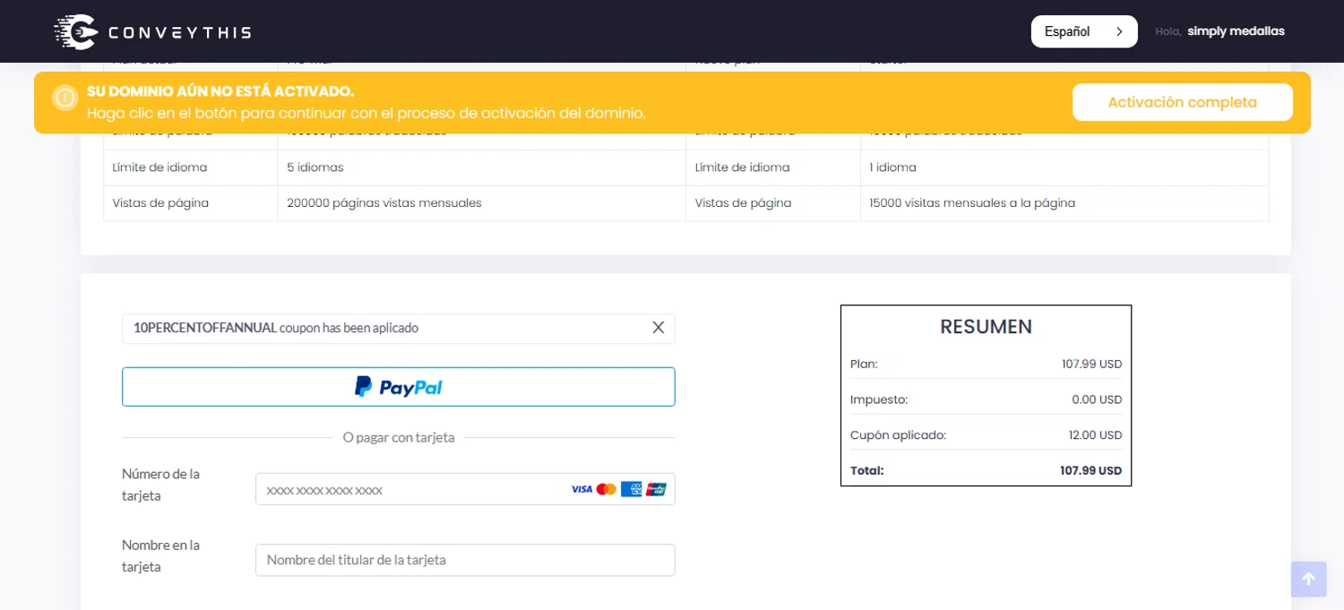 ConveyThis promo code screenshot showing code 10PERCENTOFFANNUAL applied at ConveyThis checkout page. Uploaded by SimplyCodes community member bettercallkim on Aug 3, 2025