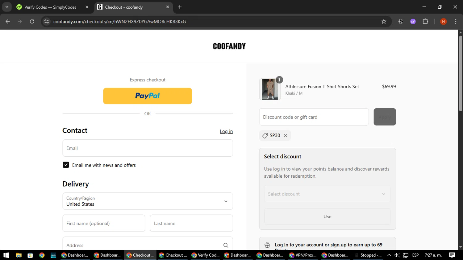 Coofandy discount code screenshot showing code SP30 applied at Coofandy checkout page. Uploaded by SimplyCodes community member MagnificentScout194 on Aug 27, 2025