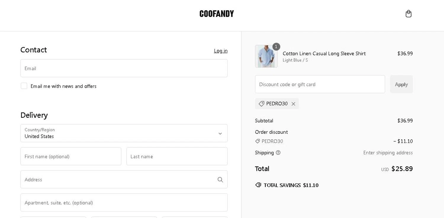 Coofandy discount code screenshot showing code PEDRO30 applied at Coofandy checkout page. Uploaded by SimplyCodes community member Yuskeilyn20 on Jan 17, 2025