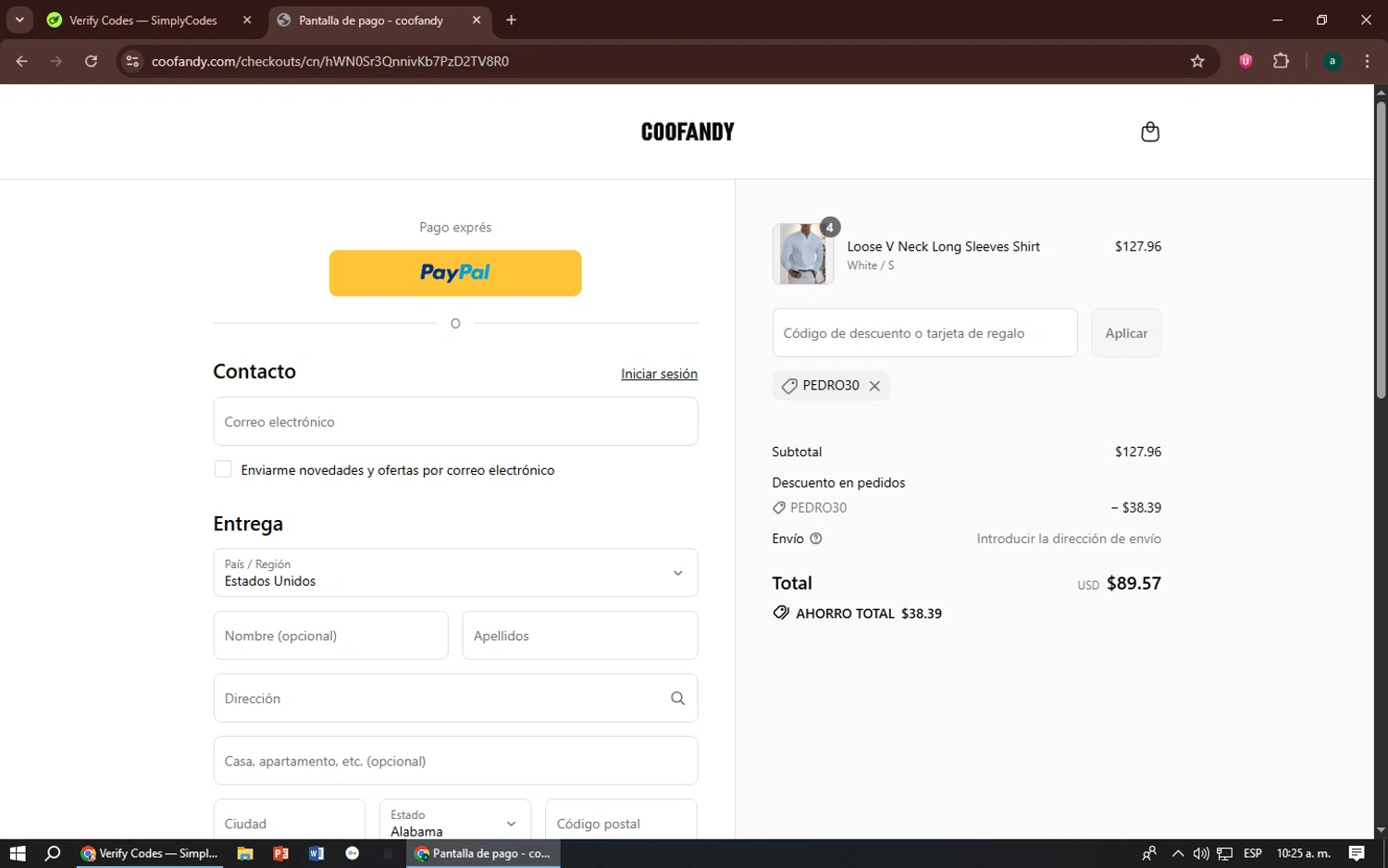 Coofandy discount code screenshot showing code PEDRO30 applied at Coofandy checkout page. Uploaded by SimplyCodes community member zizu55 on Jul 10, 2025