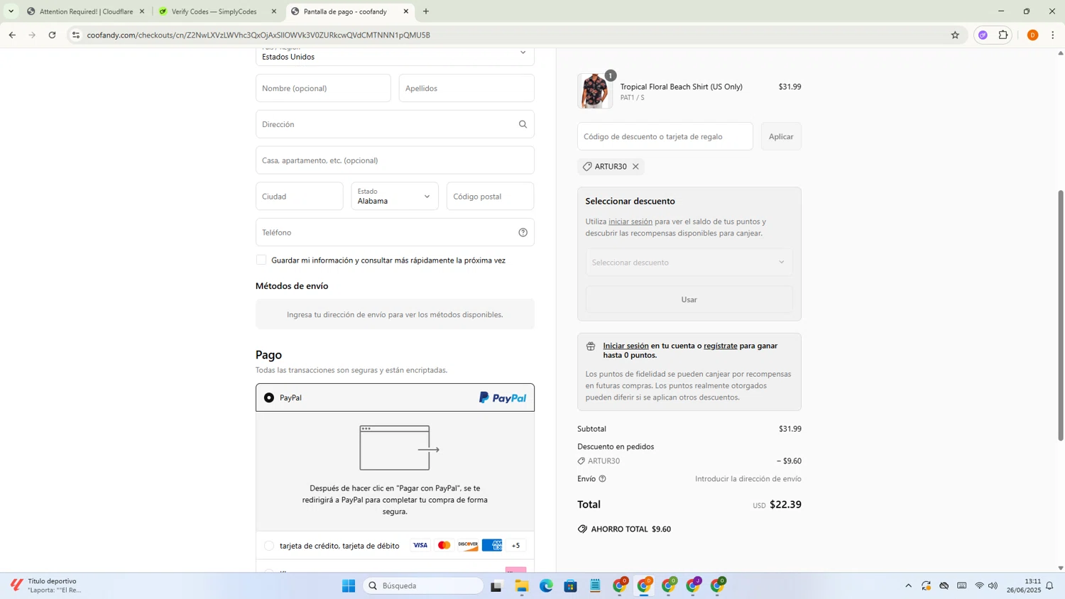 Coofandy discount code screenshot showing code ARTUR30 applied at Coofandy checkout page. Uploaded by SimplyCodes community member Dayana21 on Jun 26, 2025