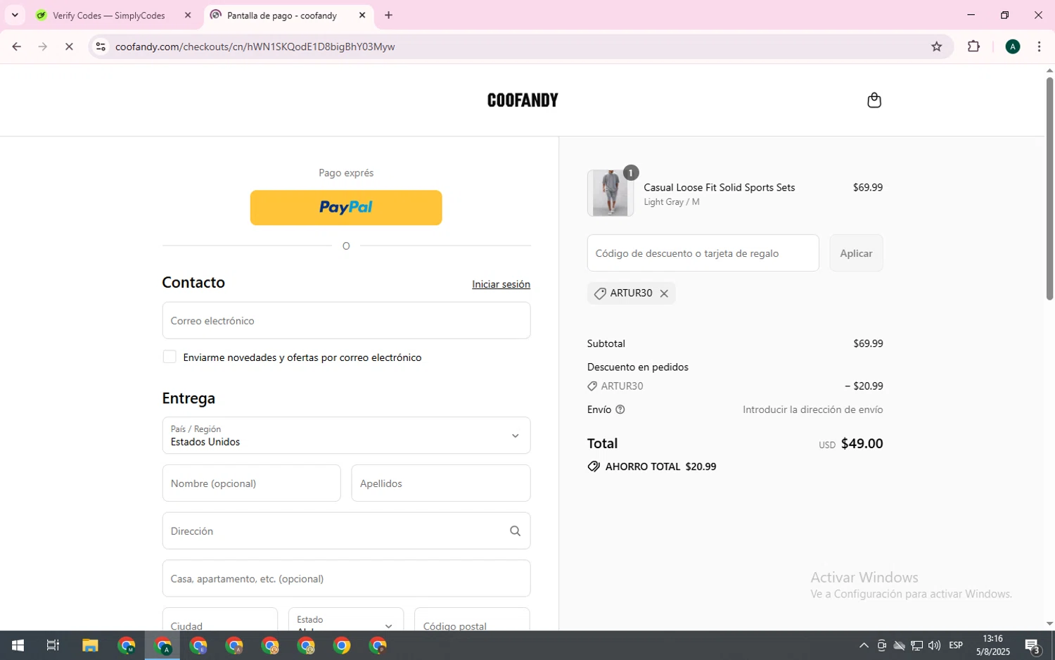 Coofandy discount code screenshot showing code ARTUR30 applied at Coofandy checkout page. Uploaded by SimplyCodes community member PennyCurator1095 on Aug 5, 2025