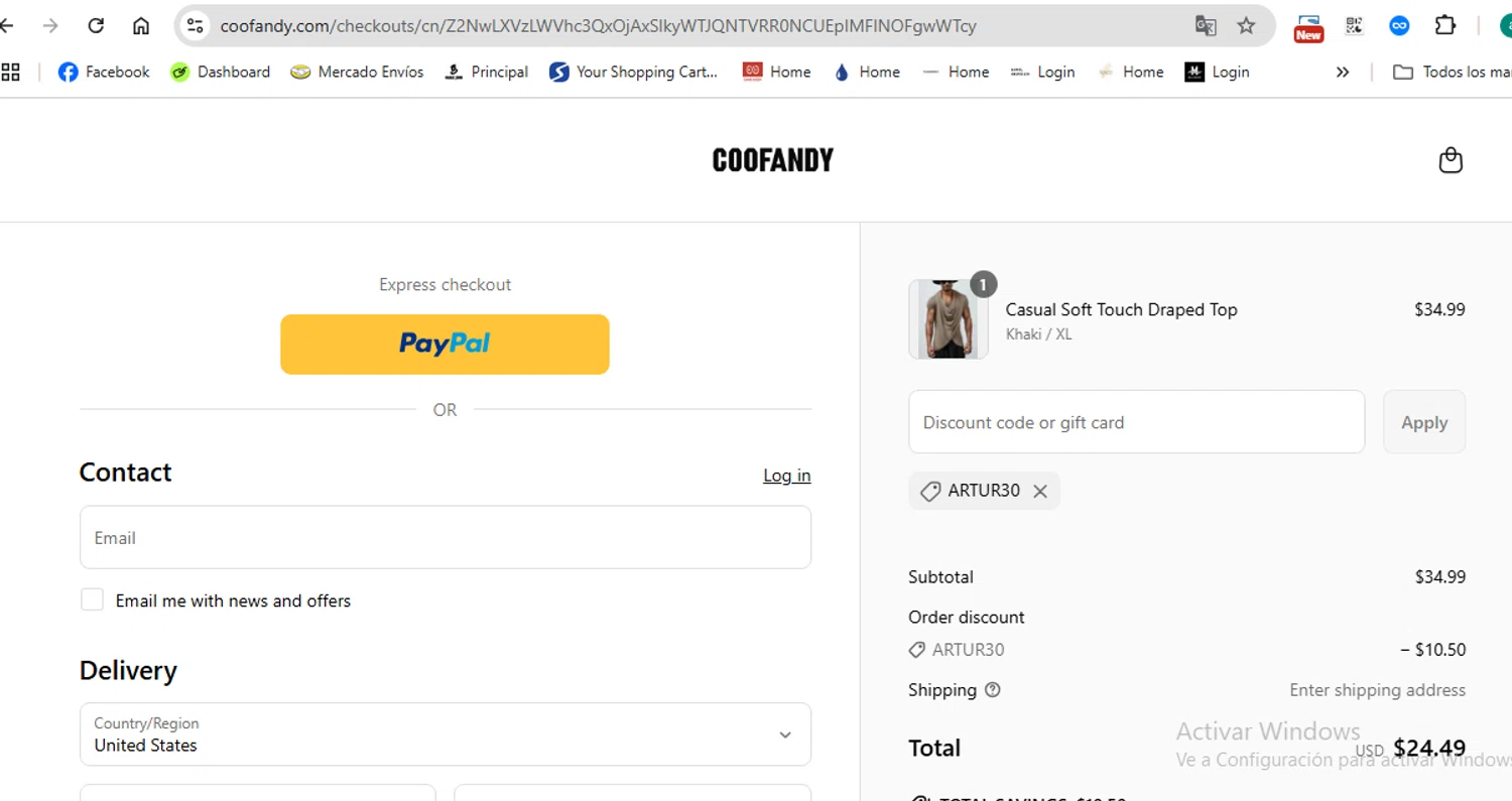 Coofandy discount code screenshot showing code ARTUR30 applied at Coofandy checkout page. Uploaded by SimplyCodes community member anthonydiaz1 on Jun 19, 2025