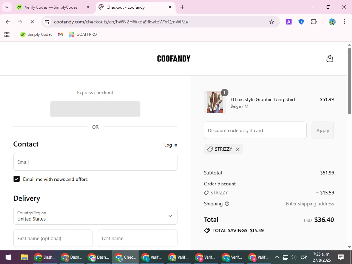 Coofandy discount code screenshot showing code Strizzy applied at Coofandy checkout page. Uploaded by SimplyCodes community member ShrewdSpotter4101 on Aug 27, 2025