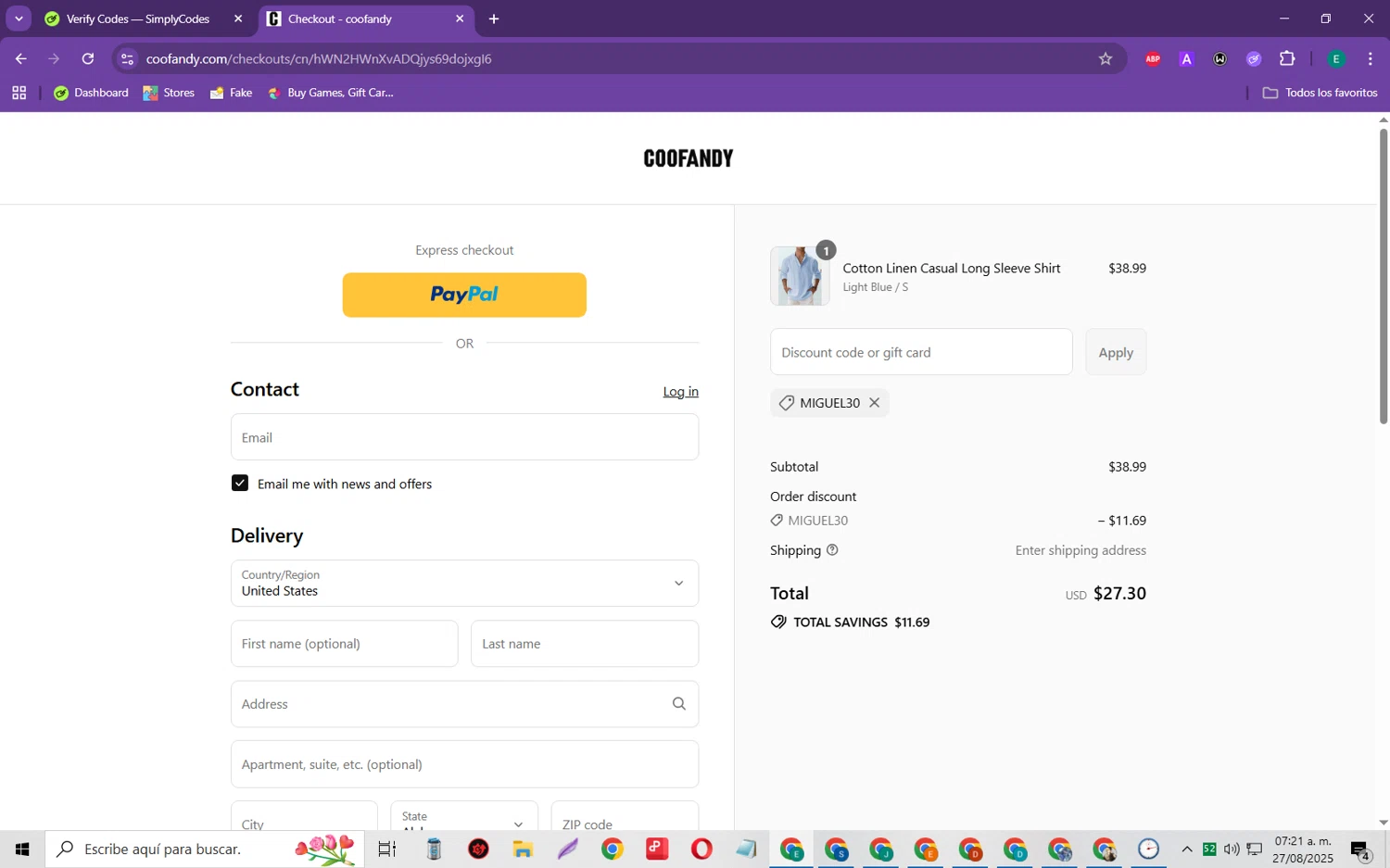 Coofandy discount code screenshot showing code MIGUEL30 applied at Coofandy checkout page. Uploaded by SimplyCodes community member RebateScholar429 on Aug 27, 2025