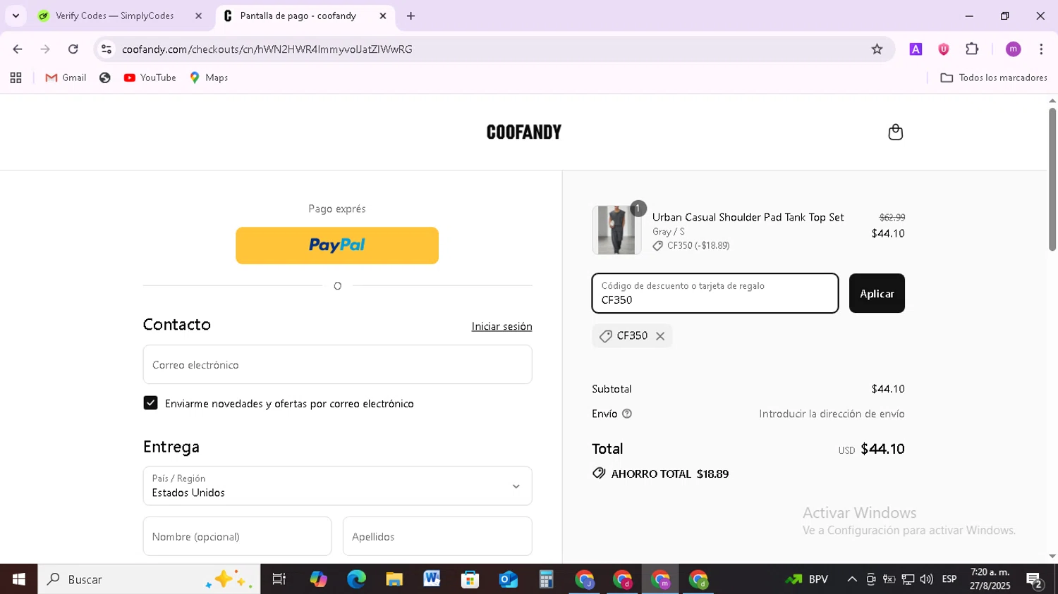 Coofandy discount code screenshot showing code CF350 applied at Coofandy checkout page. Uploaded by SimplyCodes community member BudgetMonarch8952 on Aug 27, 2025