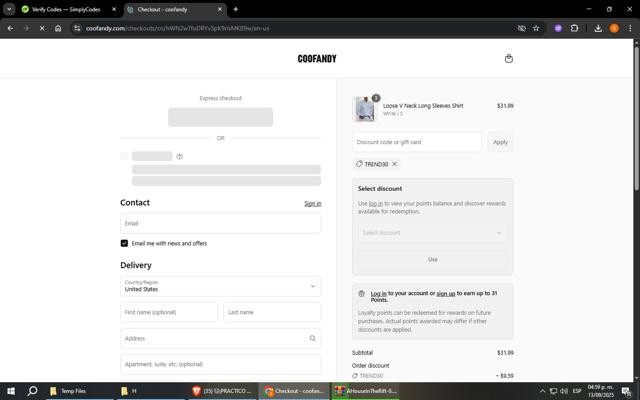 Coofandy checkout page showing Coofandy discount code box | Screenshot taken by SimplyCodes community member on Sep 13, 2025