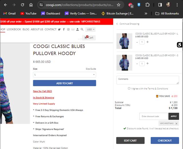 Coogi checkout page showing Coogi discount code box | Screenshot taken by SimplyCodes community member on Dec 14, 2023