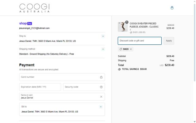 Coogi checkout page showing Coogi discount code box | Screenshot taken by SimplyCodes community member on Jan 2, 2024