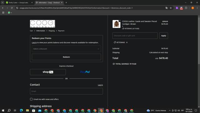 Coogi checkout page showing Coogi discount code box | Screenshot taken by SimplyCodes community member on Nov 9, 2024