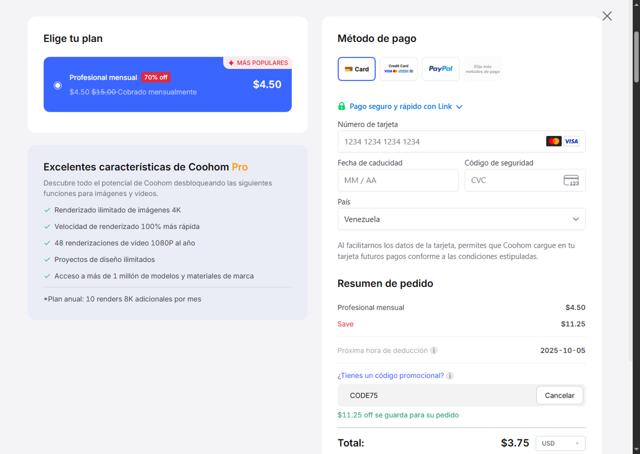 Coohom checkout page showing Coohom discount code box | Screenshot taken by SimplyCodes community member on Sep 5, 2025