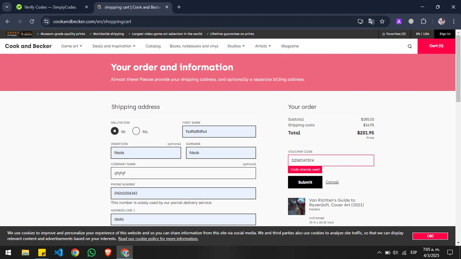 Cook & Becker promo code screenshot showing code DZWEYA7EF4 applied at Cook & Becker checkout page. Uploaded by SimplyCodes community member Pansito on Mar 4, 2025